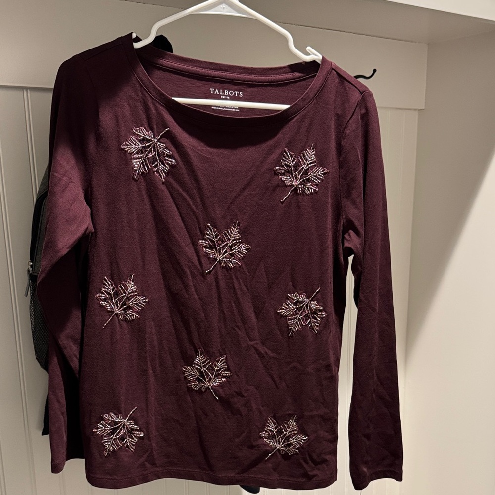Talbots Women's Burgundy Leaf Embroidered Long Sleeve Top